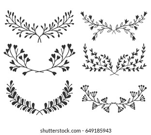 Hand-drawn vintage floral elements. Swirls, laurels, frames, leaves, banners and curls. Laurels. Design elements for invitations, greeting cards, quotes, posters.