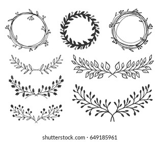 Hand-drawn vintage floral elements. Swirls, laurels, frames, leaves, banners and curls. Laurels. Design elements for invitations, greeting cards, quotes, posters.