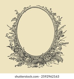 Hand-drawn vintage floral frame with intricate botanical details, ideal for invitations, branding, and decorative artwork.