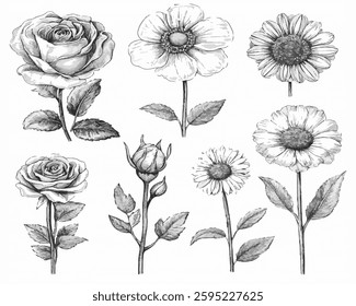 Hand-Drawn Vintage Floral Set – Detailed Botanical Sketches of Roses, Daisies, and Wildflowers,botanical artwork, tattoo designs, or vintage-style prints