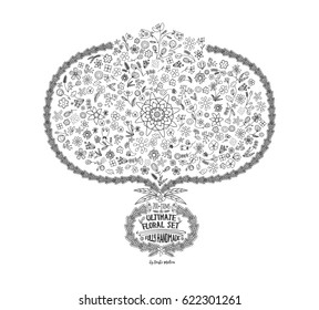 Hand-Drawn Vintage Floral Set with Elements of Leaves, Flowers, Contour Lines in Black and White Vector - for Illustration, Page Decor, Letters, Invitations, Cards, Logo or Menu
