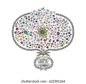 Hand-Drawn Vintage Floral Set with Elements of Leaves, Flowers, Contour Lines in Bright Colorful Vector - for Illustration, Page Decor, Letters, Invitations, Cards, Logo or Menu
