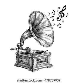 Hand-drawn vintage gramophone with music notes. Vector illustration