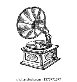 Hand-drawn vintage gramophone. Sketch music. Vector illustration 