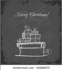 Hand-drawn vintage greeting card with Christmas sleigh full of gifts on blackboard. Vector illustration. xmas card.