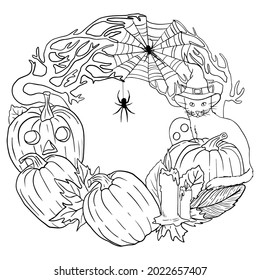A hand-drawn vintage greeting card for Halloween, an invitation with a flower wreath of Jack - o-lantern pumpkins, a cat, a witch's hat, candles, ghosts, spiders and cobwebs, oak leaves and branches. 