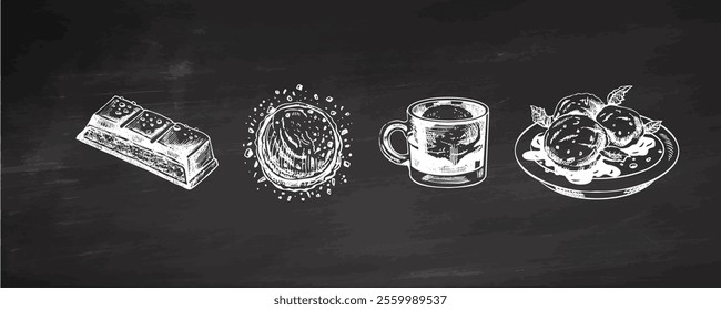 Hand-drawn vintage ice cream, coffee cup, and chocolate illustration