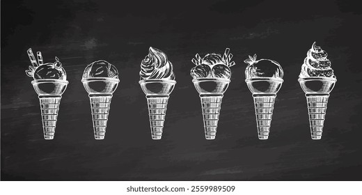 Hand-drawn vintage ice cream cones sketch with scoops and swirls on chalkboard background