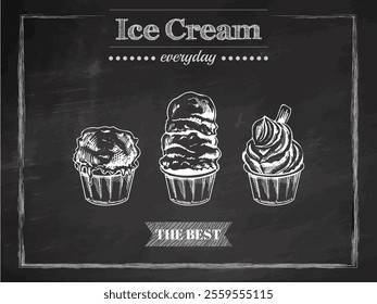 Hand-drawn vintage ice cream cups sketch on chalkboard background