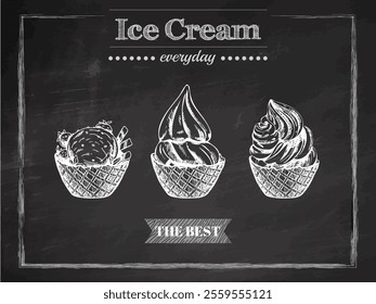 Hand-drawn vintage ice cream cups sketch on chalkboard background