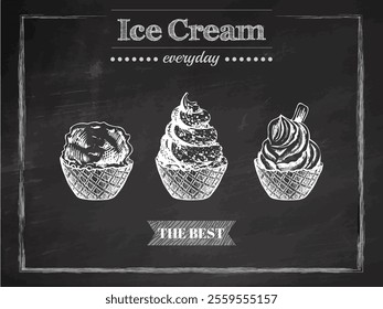 Hand-drawn vintage ice cream cups sketch on chalkboard background