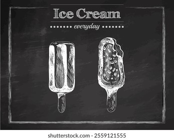 Hand-drawn vintage ice cream popsicle sketch on chalkboard background