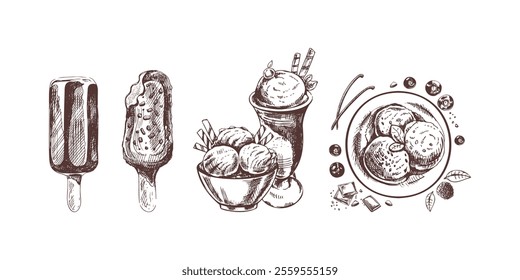 Hand-drawn vintage ice cream popsicles, sundaes, and dessert bowl sketch