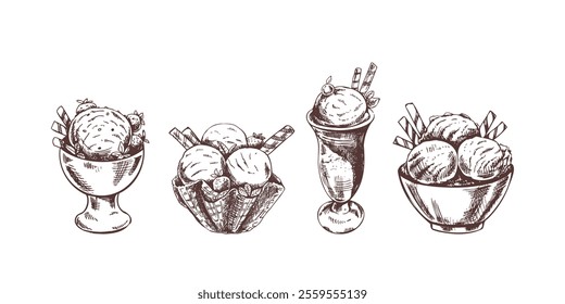 Hand-drawn vintage ice cream scoops and sundaes in bowls sketch