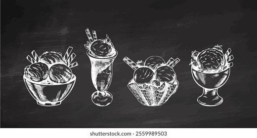 Hand-drawn vintage ice cream scoops and sundaes in bowls sketch on chalkboard background