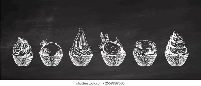 Hand-drawn vintage ice cream scoops in waffle cups sketch illustration on chalkboard background