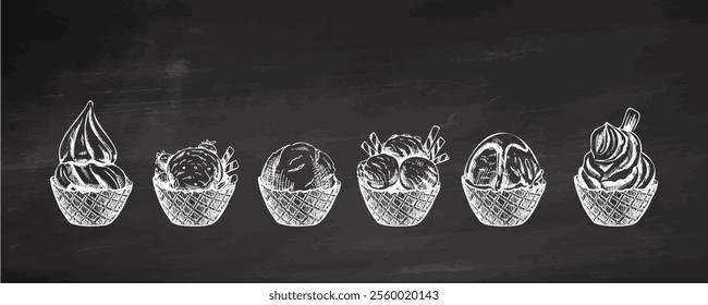 Hand-drawn vintage ice cream scoops in waffle cups sketch illustration on chalkboard background