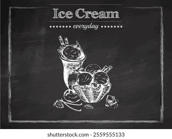 Hand-drawn vintage ice cream sundae and waffle bowl sketch