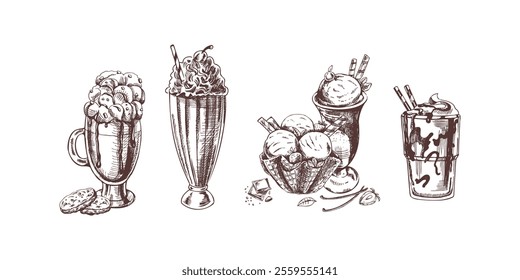 Hand-drawn vintage ice cream sundaes, milkshakes, and dessert sketch collection