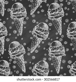 Hand-drawn vintage icecream in cone sketch repeating pattern, black and white, on black chalkboard, can be used as seamless background. Vector illustration.