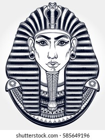 Hand-drawn vintage illustration of the ancient Egyptian 
Pharaoh's head. Tattoo art, graphic, t-shirt design, postcard, poster design, coloring books. Tutankhamen mask. Vector illustration.