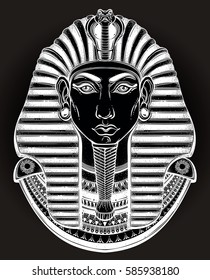 Hand-drawn vintage illustration of the ancient Egyptian 
Pharaoh's head. Tattoo art, graphic, t-shirt design, postcard, poster design, coloring books. Tutankhamen mask. Vector illustration.