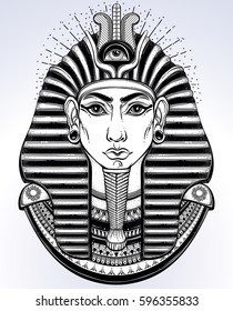 Hand-drawn vintage illustration of the ancient Egyptian Pharaoh's head. Tattoo art, graphic, t-shirt design, postcard, poster design, coloring books. Tutankhamen mask. Vector illustration.