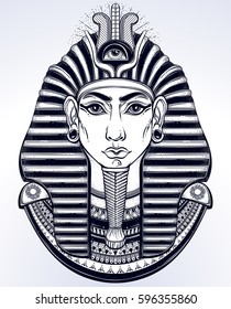 Hand-drawn vintage illustration of the ancient Egyptian Pharaoh's head. Tattoo art, graphic, t-shirt design, postcard, poster design, coloring books. Tutankhamen mask. Vector illustration.