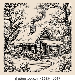 Hand-drawn vintage illustration of a cozy wooden cabin in a snowy forest. Smoke rises from the chimney, surrounded by trees and winter scenery. Perfect for holiday, rustic, and nature-themed designs.