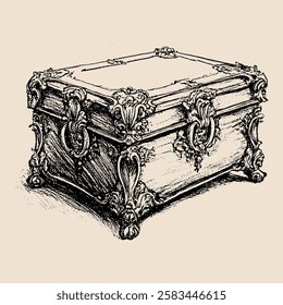 Hand-drawn vintage illustration of an ornate treasure chest with intricate baroque details. Elegant and decorative, perfect for antique, historical, and artistic design elements.