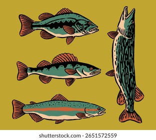 Ilustração vintage desenhada à mão de várias espécies de peixes de lago, apresentando contornos ousados e tons de cor da terra em um fundo amarelo.