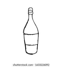 Hand-drawn vintage illustration of a wine bottle with a blank label in grunge style with sketch technique. Traced vector sketch of a bottle in black outline on a white background.