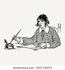 A hand-drawn vintage ink illustration of a woman writing with a quill pen, wearing historical clothing, evoking an old-fashioned literary charm.