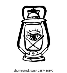 Hand-drawn vintage kerosene lamp. Sketch oil lantern with Eye of Providence. T-shirt print. Masonic symbol. All seeing eye inside triangle pyramid. New World Order. Sacred geometry, religion, spirit