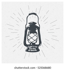 Hand-drawn vintage kerosene lamp. Sketch oil lantern. Vector illustration. T-shirt print. Poster.