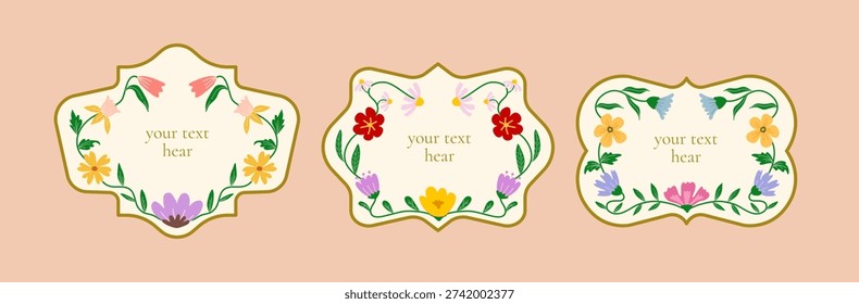 Hand-drawn vintage labels frames with floral and leaves, elegant decorative labels for wedding invitation, organic product packaging, scrapbook, sticker, decorative etc. vector illustration 