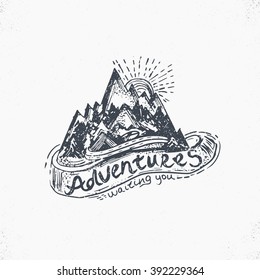 Hand-Drawn vintage lettering label with mountains, forest and sun. Vector illustration
