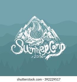 Hand-Drawn vintage lettering label with mountains, forest and sun. Vector illustration