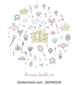 Hand-Drawn Vintage Princess Girl Set, Doodle Design Elements, Sketchy Fairy Tale Princess Tiara Crown Notebook, Vector Illustration, for design and scrapbook, castle, diamond, fairy mirror, magic wand