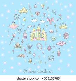Hand-Drawn Vintage Princess Girl Set, Doodle Design Elements, Sketchy Fairy Tale Princess Tiara Crown Notebook, Vector Illustration, for design and scrapbook, castle, diamond, fairy mirror, magic wand