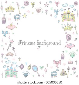 Hand-Drawn Vintage Princess Girl Set background, Doodle Design Elements, Sketchy Fairy Tale Princess Tiara Crown, Vector Illustration, for design, scrapbook, castle, diamond, fairy mirror, magic wand