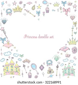 Hand-Drawn Vintage Princess Girl Set, Doodle Design Elements, Sketchy Fairy Tale Princess Tiara Crown Notebook, Vector Illustration, for design and scrapbook, castle, diamond, fairy mirror, magic wand