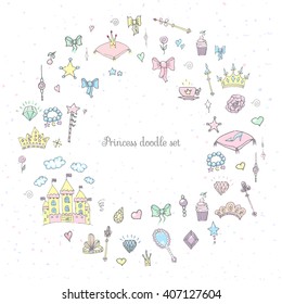 Hand-Drawn Vintage Princess Girl Set, Doodle Design Elements, Sketchy Fairy Tale Princess Tiara Crown Notebook, Vector Illustration, for design and scrapbook, castle, diamond, fairy mirror, magic wand
