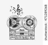 Hand-drawn vintage reel to reel tape recorder. Sketch music. Vector illustration