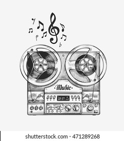 Hand-drawn vintage reel to reel tape recorder. Sketch music. Vector illustration