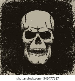 Hand-drawn vintage retro skull on a dark background with worn textures. Vector layered illustration.