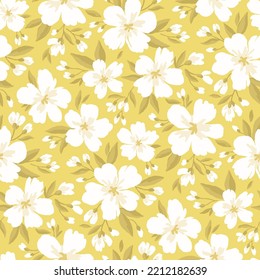 Hand-drawn vintage seamless pattern with apple tree flowers. Vector floral illustration in retro style. Fabric print classic design. Creative stylish background.