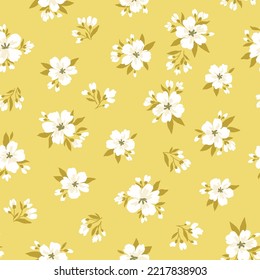 Hand-drawn vintage seamless pattern with apple tree flowers. Vector floral illustration in retro style. Fabric print classic design. Creative stylish background.