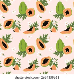 Dibujado a mano patrón vintage sin fisuras con papayas, flores y hojas. Frutas tropicales. Fondo de Vector dibujado a mano de moda para el papel, cubiertas, tela