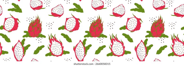 Dibujado a mano patrón vintage sin fisuras con pitaya y hojas. Patrón transparente brillante. Fondo de Vector de moda dibujado a mano para papel, cubiertas, tela